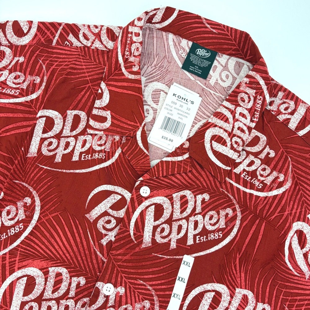 Dr Pepper Button Down Shirt Tropical Palm Logo Maroon Camp Hawaiian Party  XXL